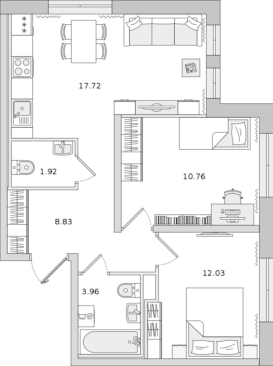 2-комнатная квартира 55.22 м², 2/17 эт., ЖК «Мурино Space»